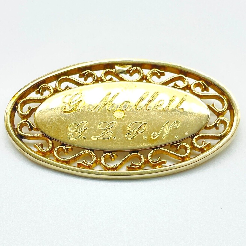 Anson Karatclad Gold Tone Engravable Bar Brooch Pin Vintage Signed G Mallett LPN